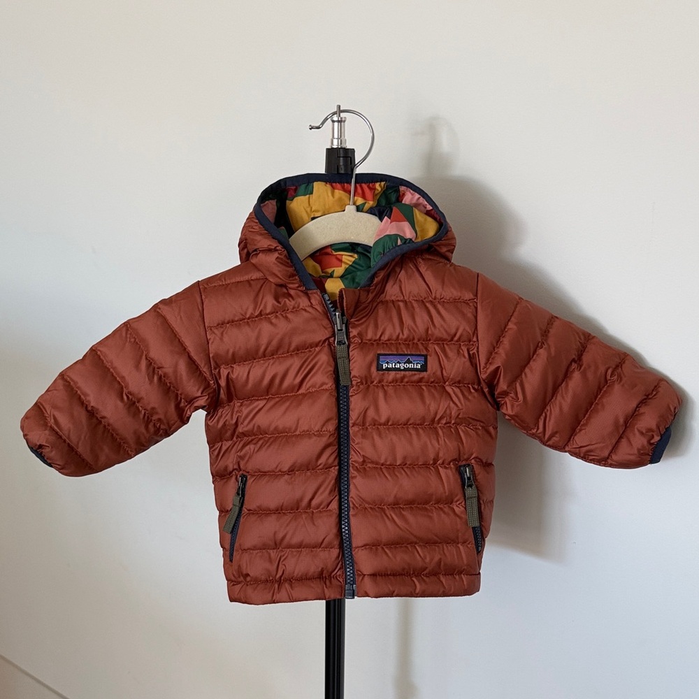 Patagonia Kids' Rust Puffer Jacket with Colorful Hood